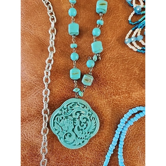 Blue Green Glass Beaded Necklace Lot 9 boho - Picture 3 of 16